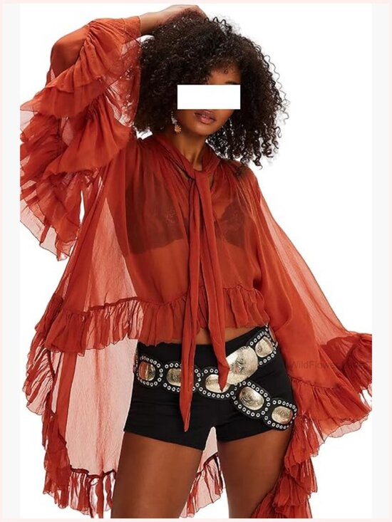 Tops - Long Bell Sleeve Flowy Top Sheer Mesh Blouse Cape Chiffon High Low Hem Ruffled